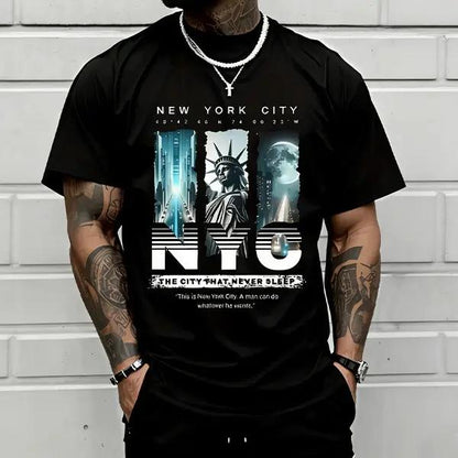 Mens NYC Eternal City printed T-shirt, New York street-style short sleeve, Statue of Liberty themed casual top. tiktokshopspringglowup