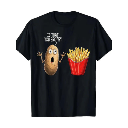 Men's Humorous 'Is It You, Bro?' Potato Chips Pattern T-Shirt- Black Casual Breathable Crew Neck Top, Machine Washable Regular Fit, Suitable for Daily Wear, Cartoon Print, Comfortable Fabric