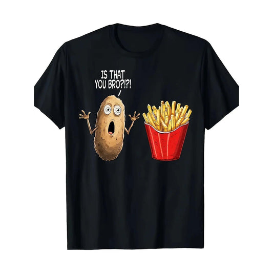 Men's Humorous 'Is It You, Bro?' Potato Chips Pattern T-Shirt- Black Casual Breathable Crew Neck Top, Machine Washable Regular Fit, Suitable for Daily Wear, Cartoon Print, Comfortable Fabric