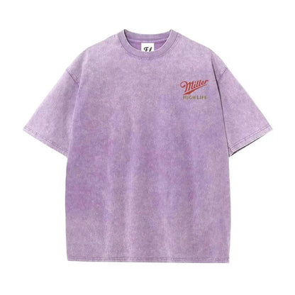 Menswear Short-Sleeve Round Neck Vintage Washed Unisex T-Shirt - Retro Logo Graphic Tee, Soft Cotton Fabric Casual Comfortable Top with Tropical Vibe, Classic Fit Streetwear