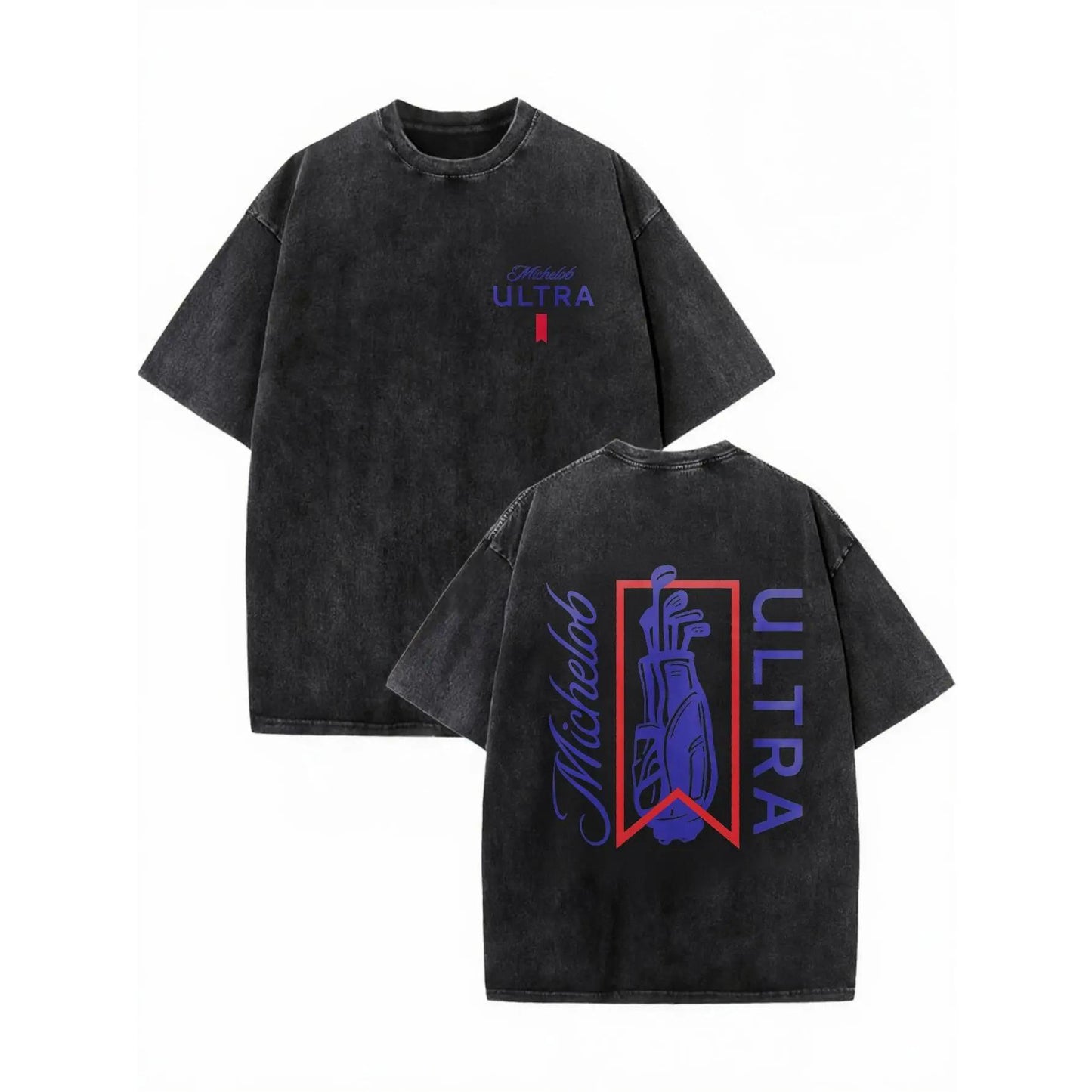 Michelob Ultra Golf Bag Silhouette Wash Cotton Vintage Distressed Oversized Graphic Tee Men's Short Sleeve Pure Cotton T-Shirt Loose Fit, Retro Sports Streetwear Vintage Casual Golf Beer Aesthetic Baggy 100%25 Cotton Tee Gift